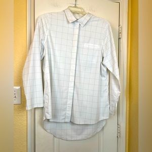 Athleta Womens White Gray Windowpane Long Sleeve Hi Low Button Shirt Size L